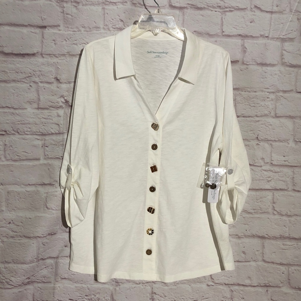 Soft Surroundings Off-White Button-Front Roll Sleeve Tunic Shirt XL NWT